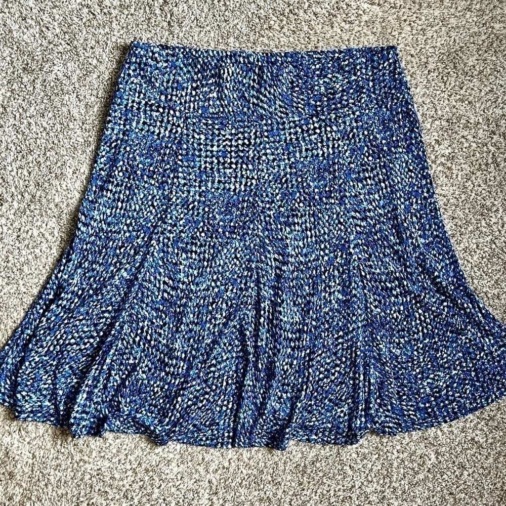 🦋 Roz & Ali Blue Purple Midi Skirt Large Formal Casual Colorful Stretch Comfy